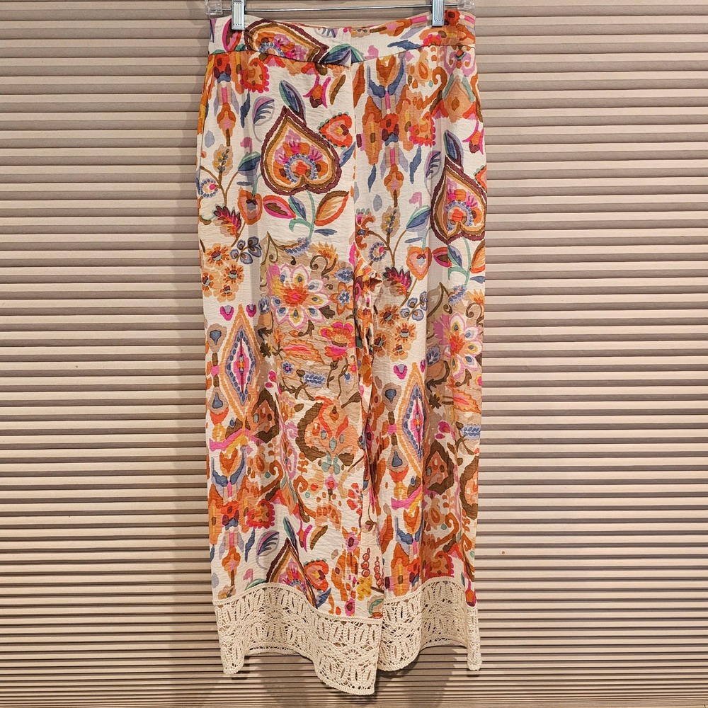 Zara Womens XS Paisley Floral Wide Leg‎ Pants Crochet Lace Hem Boho Satin